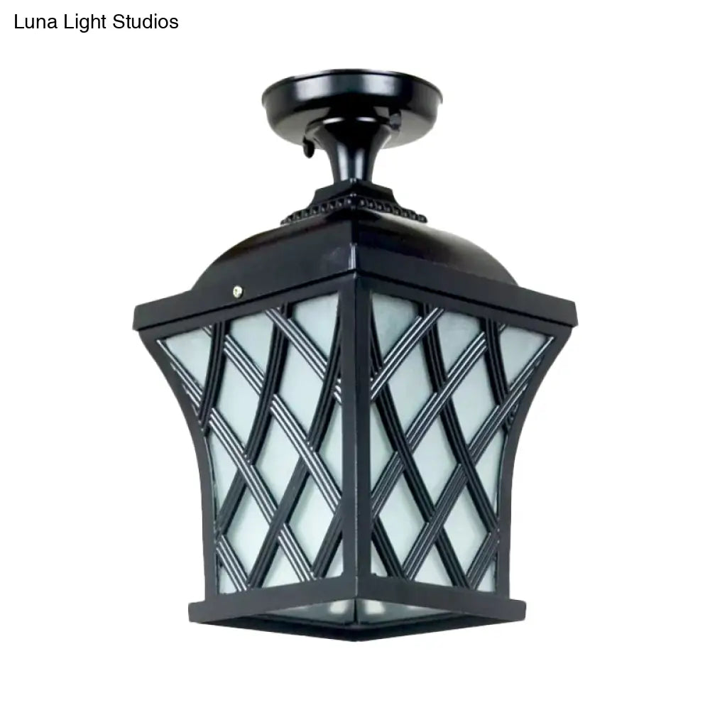 DecorBites™ DecorBites™ Opal Glass Lantern Semi Flush Mount Country Balcony Light in Black/Bronze - Metal X-Frame, 1 Light