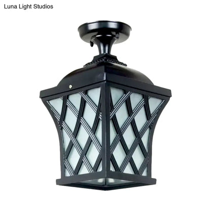 DecorBites™ DecorBites™ Opal Glass Lantern Semi Flush Mount Country Balcony Light in Black/Bronze - Metal X-Frame, 1 Light