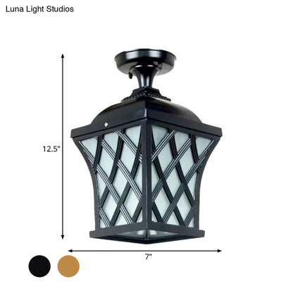 DecorBites™ DecorBites™ Opal Glass Lantern Semi Flush Mount Country Balcony Light in Black/Bronze - Metal X-Frame, 1 Light
