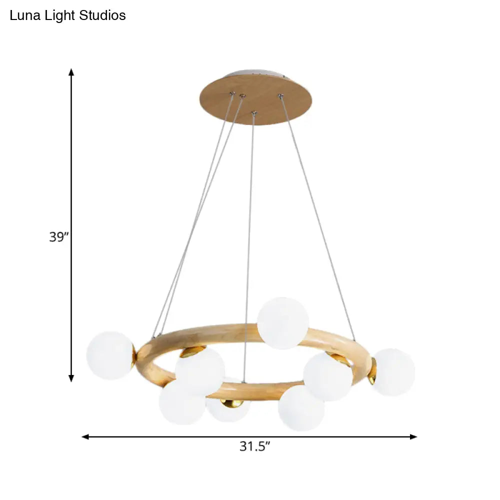Opal Matte Glass Chandelier with Wood Circle Arm, Nordic Design, 8 Bulbs, Beige Pendant Light