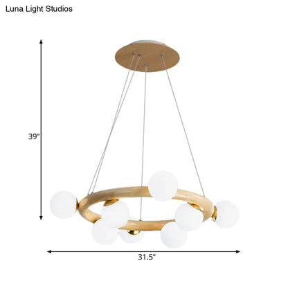 Opal Matte Glass Chandelier with Wood Circle Arm, Nordic Design, 8 Bulbs, Beige Pendant Light