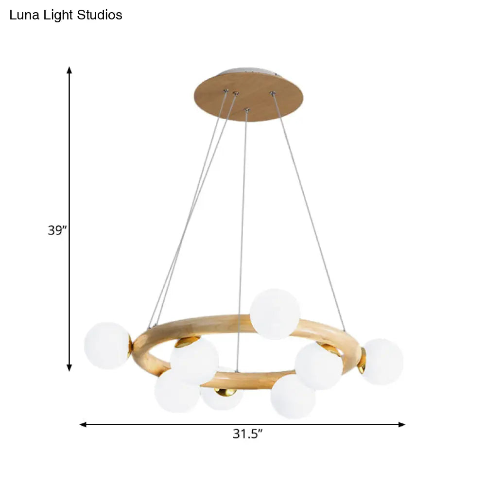 Opal Matte Glass Chandelier with Wood Circle Arm, Nordic Design, 8 Bulbs, Beige Pendant Light