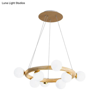 Opal Matte Glass Chandelier with Wood Circle Arm, Nordic Design, 8 Bulbs, Beige Pendant Light