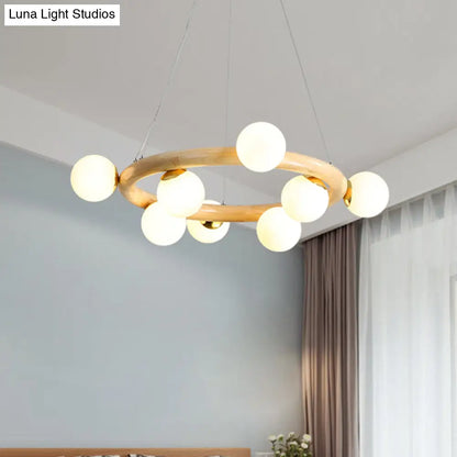 Opal Matte Glass Chandelier with Wood Circle Arm, Nordic Design, 8 Bulbs, Beige Pendant Light