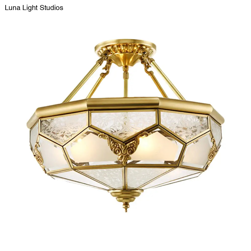 DecorBites™ DecorBites™ Opaline Glass Brass Semi Flush Mount Ceiling Lamp, 3/4 Lights, Faceted Dome, Country Print, 14"/18" Width