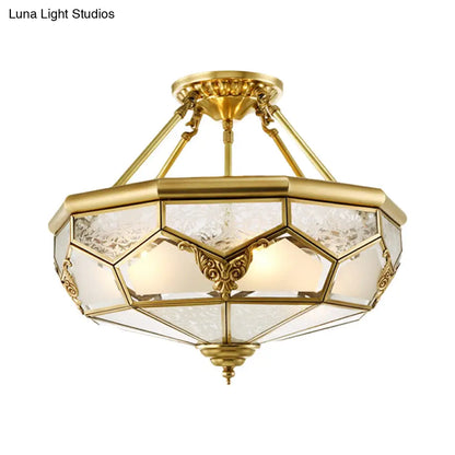 DecorBites™ DecorBites™ Opaline Glass Brass Semi Flush Mount Ceiling Lamp, 3/4 Lights, Faceted Dome, Country Print, 14"/18" Width