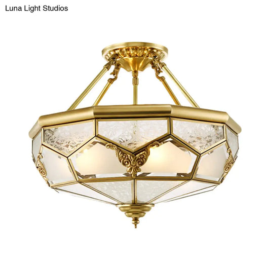 DecorBites™ DecorBites™ Opaline Glass Brass Semi Flush Mount Ceiling Lamp, 3/4 Lights, Faceted Dome, Country Print, 14"/18" Width