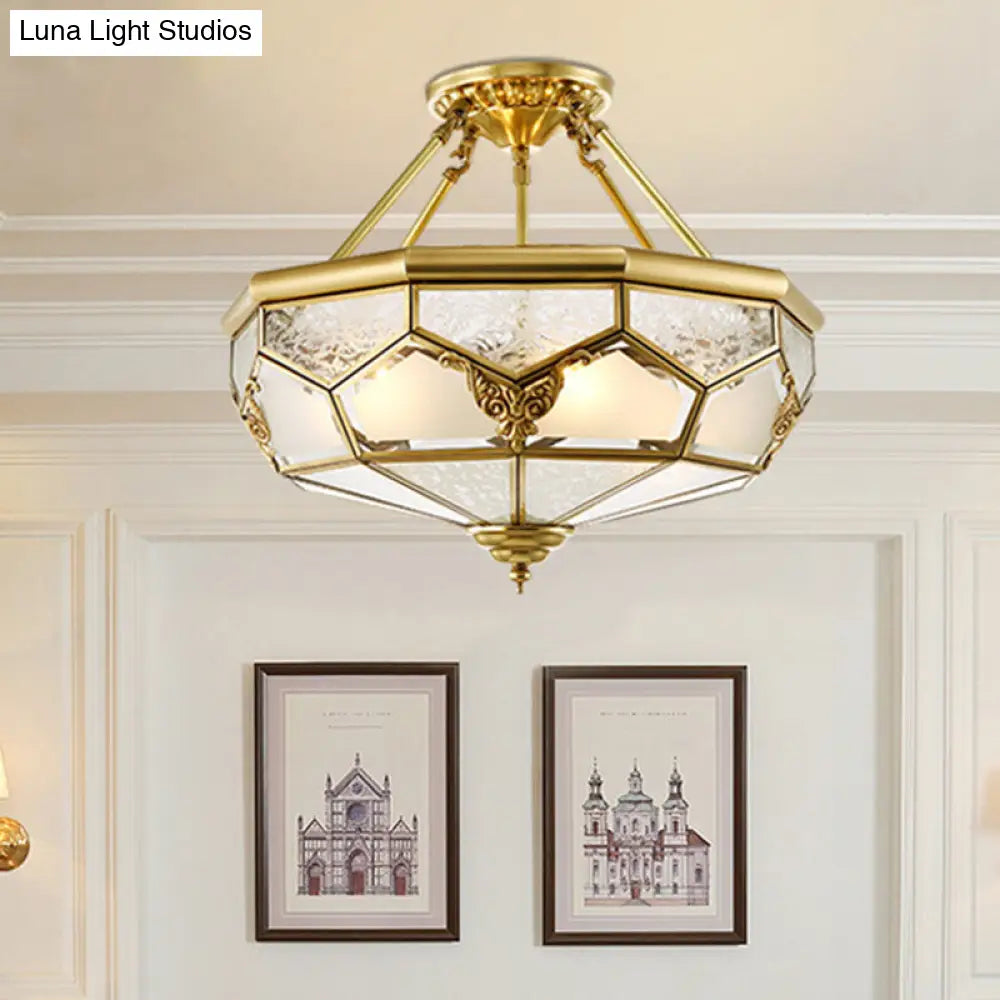 DecorBites™ DecorBites™ Opaline Glass Brass Semi Flush Mount Ceiling Lamp, 3/4 Lights, Faceted Dome, Country Print, 14"/18" Width