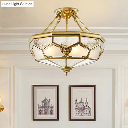 DecorBites™ DecorBites™ Opaline Glass Brass Semi Flush Mount Ceiling Lamp, 3/4 Lights, Faceted Dome, Country Print, 14"/18" Width