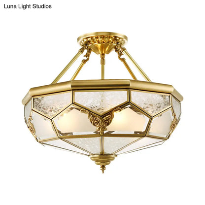 DecorBites™ DecorBites™ Opaline Glass Brass Semi Flush Mount Ceiling Lamp, 3/4 Lights, Faceted Dome, Country Print, 14"/18" Width