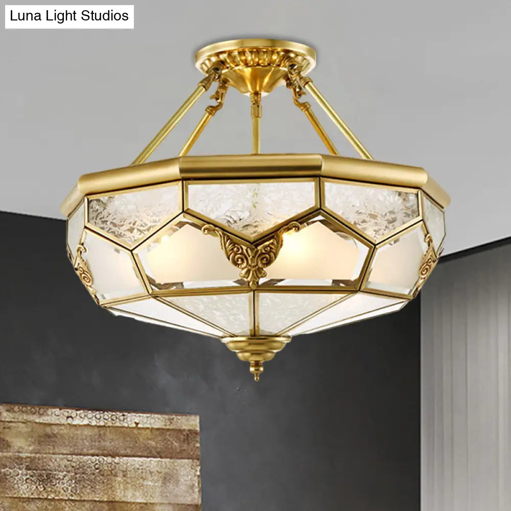 DecorBites™ DecorBites™ Opaline Glass Brass Semi Flush Mount Ceiling Lamp, 3/4 Lights, Faceted Dome, Country Print, 14"/18" Width