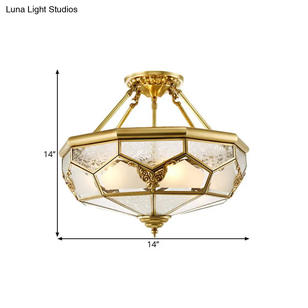 DecorBites™ DecorBites™ Opaline Glass Brass Semi Flush Mount Ceiling Lamp, 3/4 Lights, Faceted Dome, Country Print, 14"/18" Width