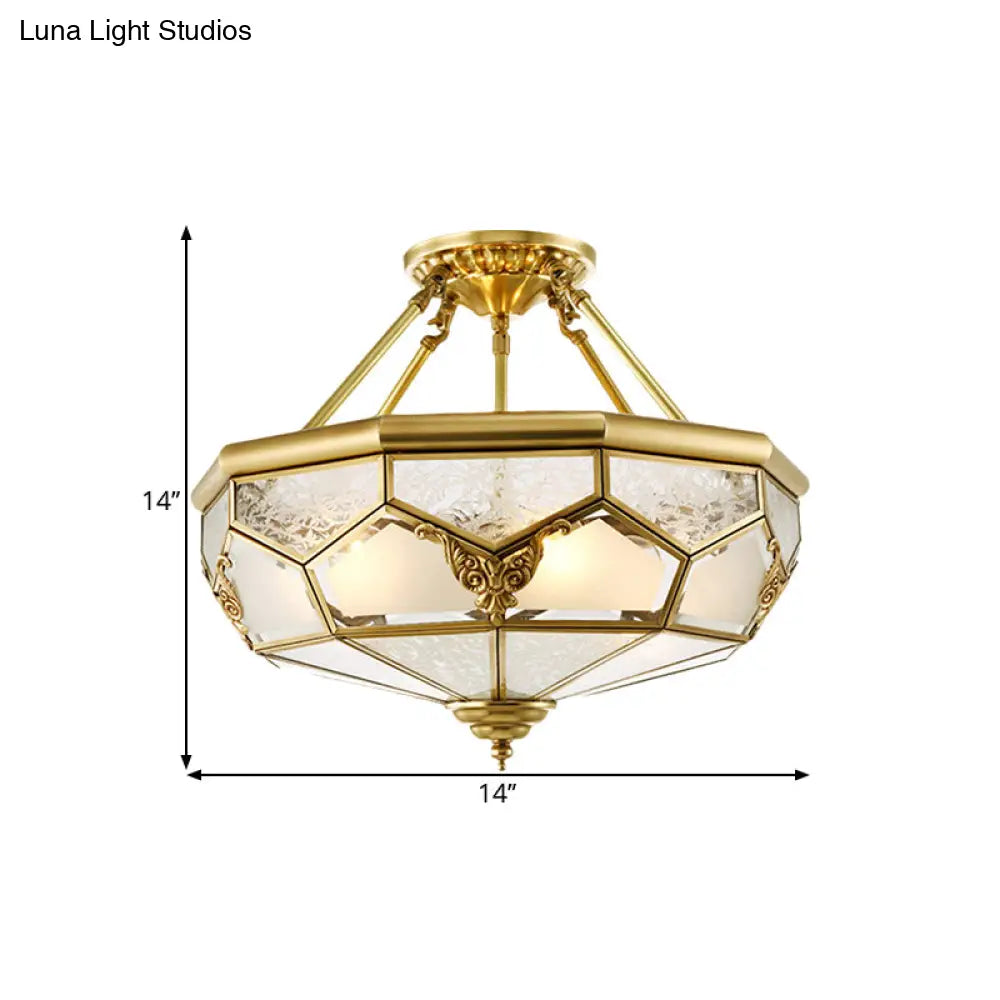 DecorBites™ DecorBites™ Opaline Glass Brass Semi Flush Mount Ceiling Lamp, 3/4 Lights, Faceted Dome, Country Print, 14"/18" Width