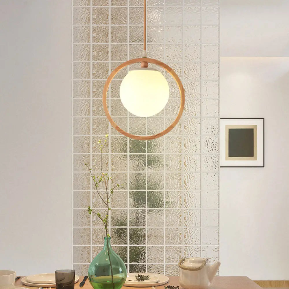 Opaline Glass Cluster Pendant with Nordic Style: Beige Hanging Light Fixture and Wooden Ring