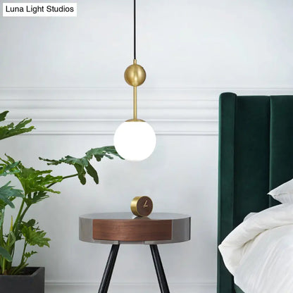 Opaline Glass Minimalist Pendant Ball Bedside Light, Brass Suspension - 1-Light