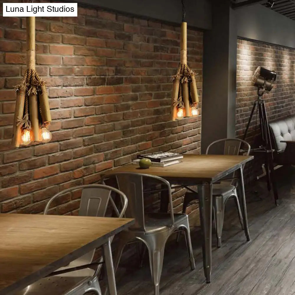 Open Bulb Chandelier Light for Restaurants - Bamboo Lodge Style Hanging Lamp with 3 Lights