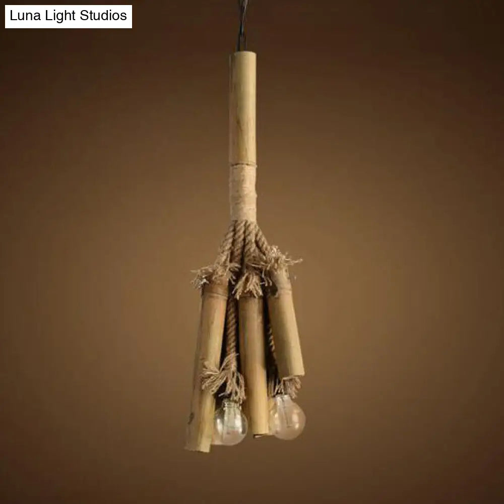 Open Bulb Chandelier Light for Restaurants - Bamboo Lodge Style Hanging Lamp with 3 Lights