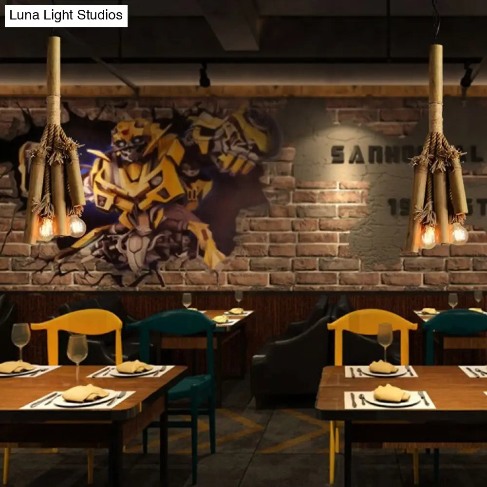 Open Bulb Chandelier Light for Restaurants - Bamboo Lodge Style Hanging Lamp with 3 Lights