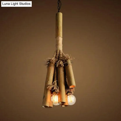 Open Bulb Chandelier Light for Restaurants - Bamboo Lodge Style Hanging Lamp with 3 Lights