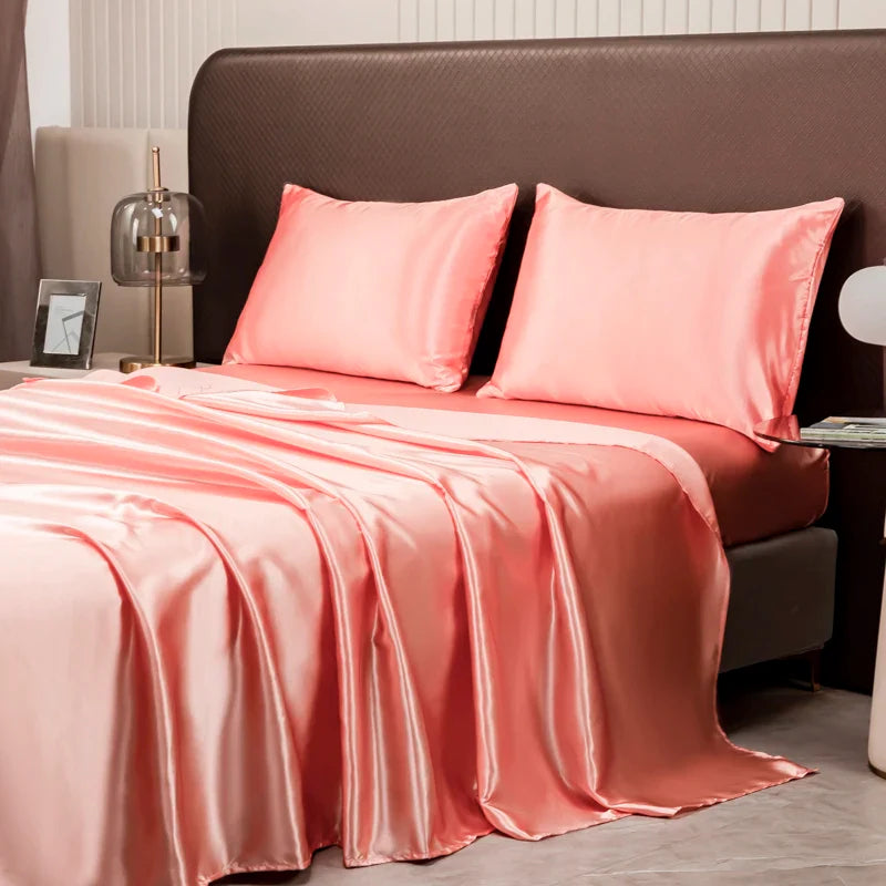 Opulent Solid Color Satin Bedding Set - pink / Queen 4pcs