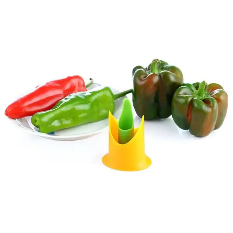 Yellow plastic vegetable cutter corer with green inner core for efficient cutter corer seed removal in kitchen use