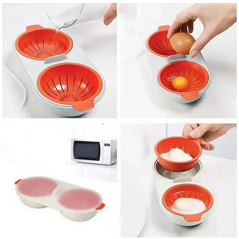 Orange and white silicone egg boiler steamer double cup with two compartments for boiling eggs and kitchen separation