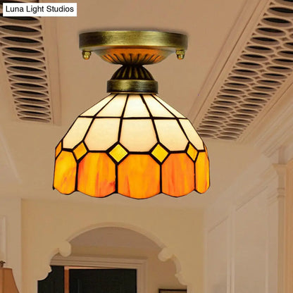 DecorBites™ DecorBites™ Orange Art Glass Ceiling Lamp - Tiffany Style Grid Bowl Mount for Bathroom - 8"/6" Width