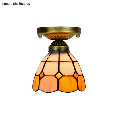 DecorBites™ DecorBites™ Orange Art Glass Ceiling Lamp - Tiffany Style Grid Bowl Mount for Bathroom - 8"/6" Width