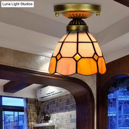 DecorBites™ DecorBites™ Orange Art Glass Ceiling Lamp - Tiffany Style Grid Bowl Mount for Bathroom - 8"/6" Width