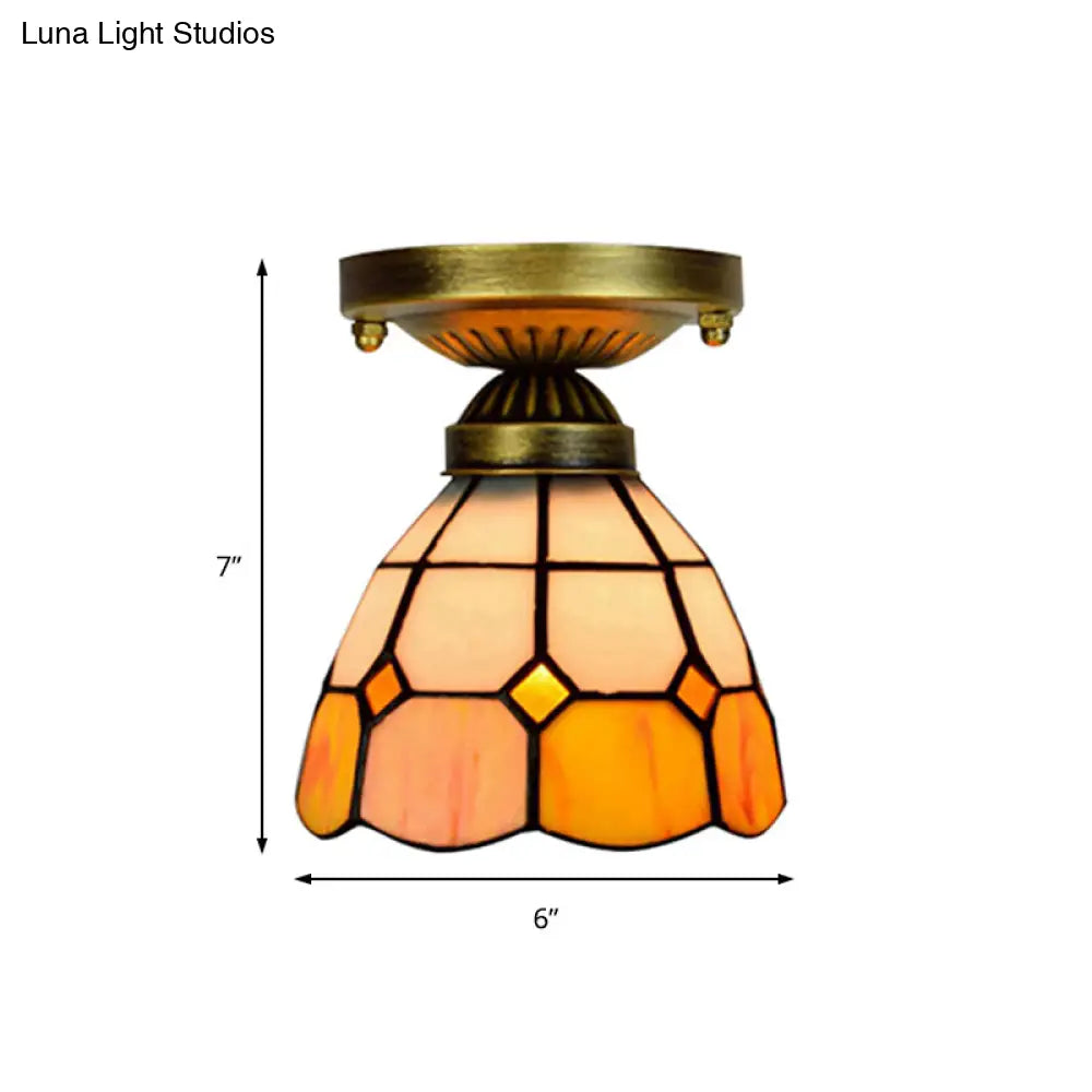 DecorBites™ DecorBites™ Orange Art Glass Ceiling Lamp - Tiffany Style Grid Bowl Mount for Bathroom - 8"/6" Width