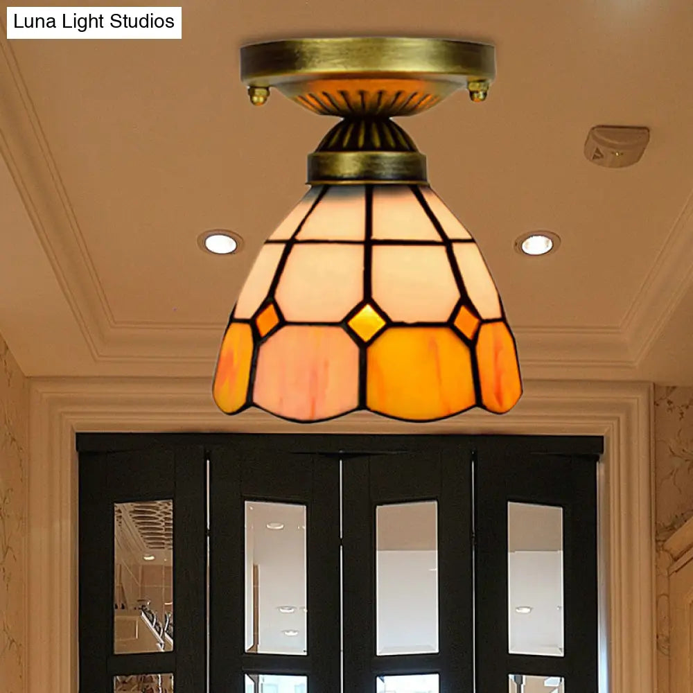 DecorBites™ DecorBites™ Orange Art Glass Ceiling Lamp - Tiffany Style Grid Bowl Mount for Bathroom - 8"/6" Width