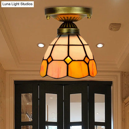 DecorBites™ DecorBites™ Orange Art Glass Ceiling Lamp - Tiffany Style Grid Bowl Mount for Bathroom - 8"/6" Width