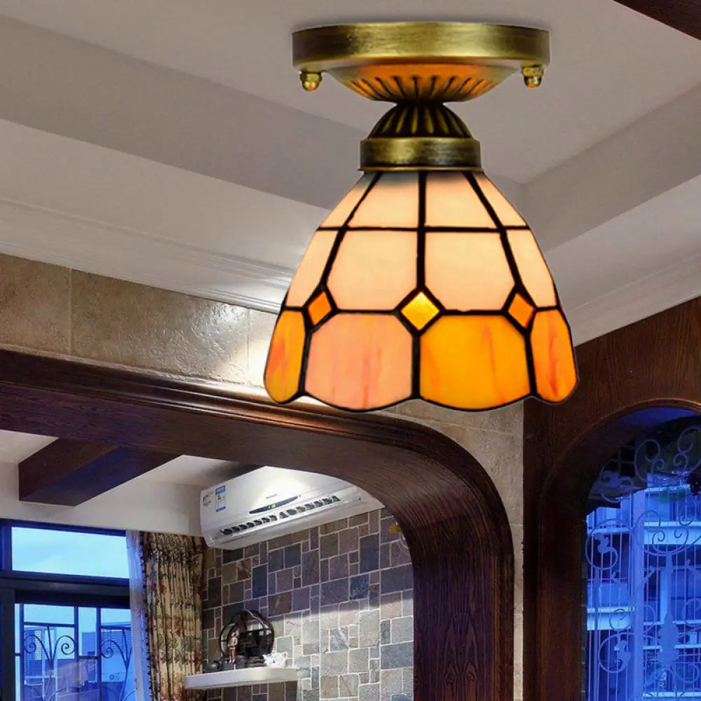 DecorBites™ DecorBites™ Orange Art Glass Ceiling Lamp - Tiffany Style Grid Bowl Mount for Bathroom - 8"/6" Width