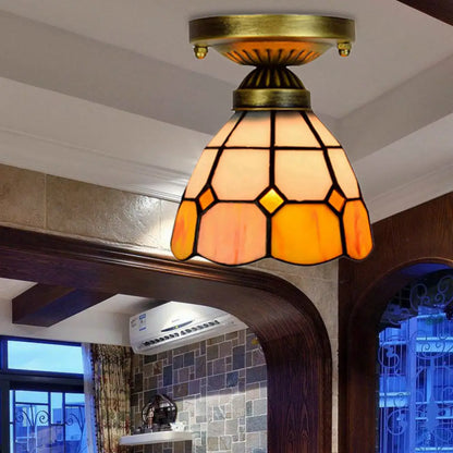 DecorBites™ DecorBites™ Orange Art Glass Ceiling Lamp - Tiffany Style Grid Bowl Mount for Bathroom - 8"/6" Width