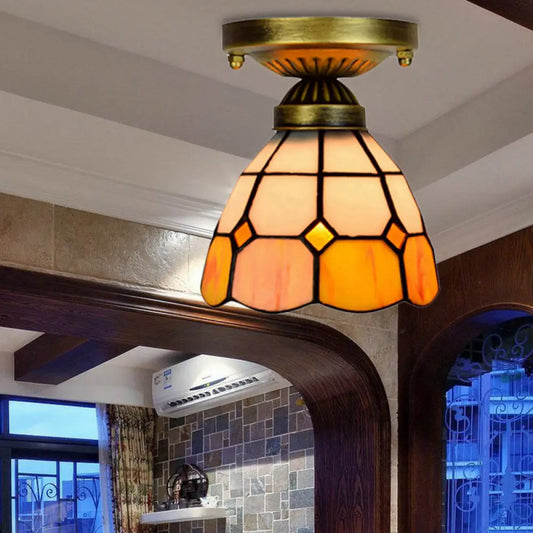 DecorBites™ DecorBites™ Orange Art Glass Ceiling Lamp - Tiffany Style Grid Bowl Mount for Bathroom - 8"/6" Width