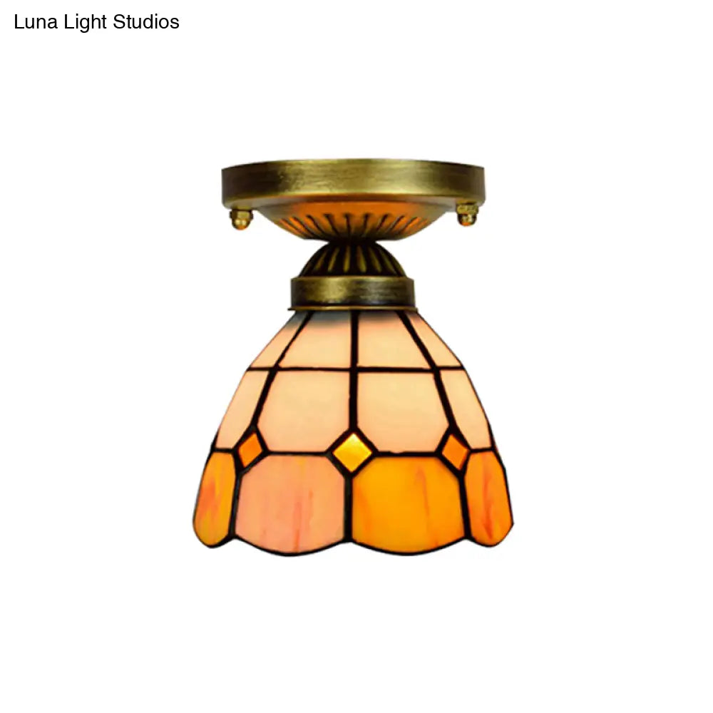 DecorBites™ DecorBites™ Orange Art Glass Ceiling Lamp - Tiffany Style Grid Bowl Mount for Bathroom - 8"/6" Width