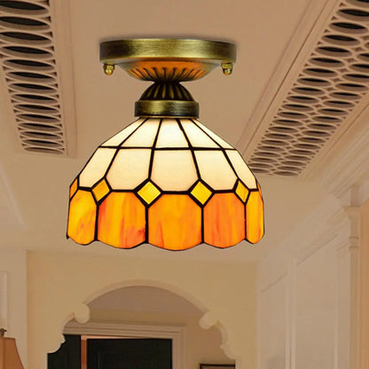 DecorBites™ DecorBites™ Orange Art Glass Ceiling Lamp - Tiffany Style Grid Bowl Mount for Bathroom - 8"/6" Width