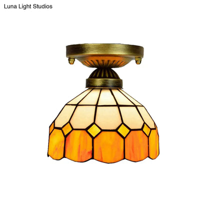 DecorBites™ DecorBites™ Orange Art Glass Ceiling Lamp - Tiffany Style Grid Bowl Mount for Bathroom - 8"/6" Width