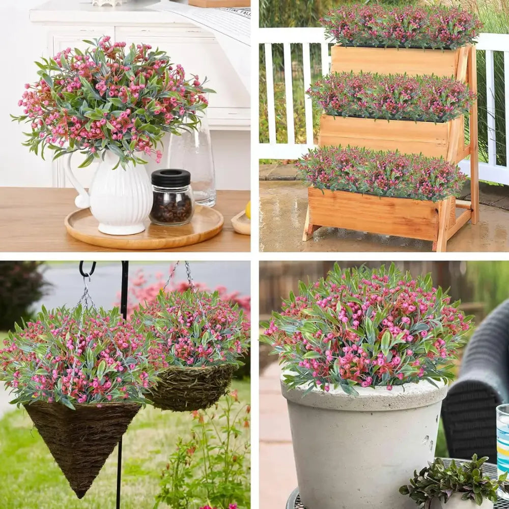 A lush pink babysbreath lover fruit artificial plant with green foliage in a white ceramic pitcher for garden decor