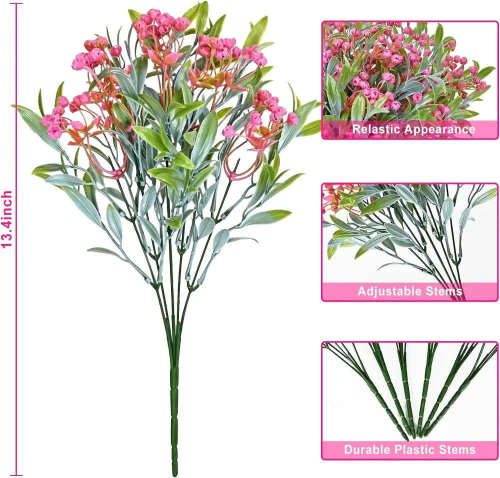 A 13.4-inch artificial plant with pink babysbreath lover fruit clusters and green leaves on durable plastic stems