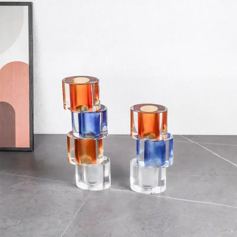 Stacked orange and blue decorbites clear crystal mosaic vase candle holders with clear bases for living room decor