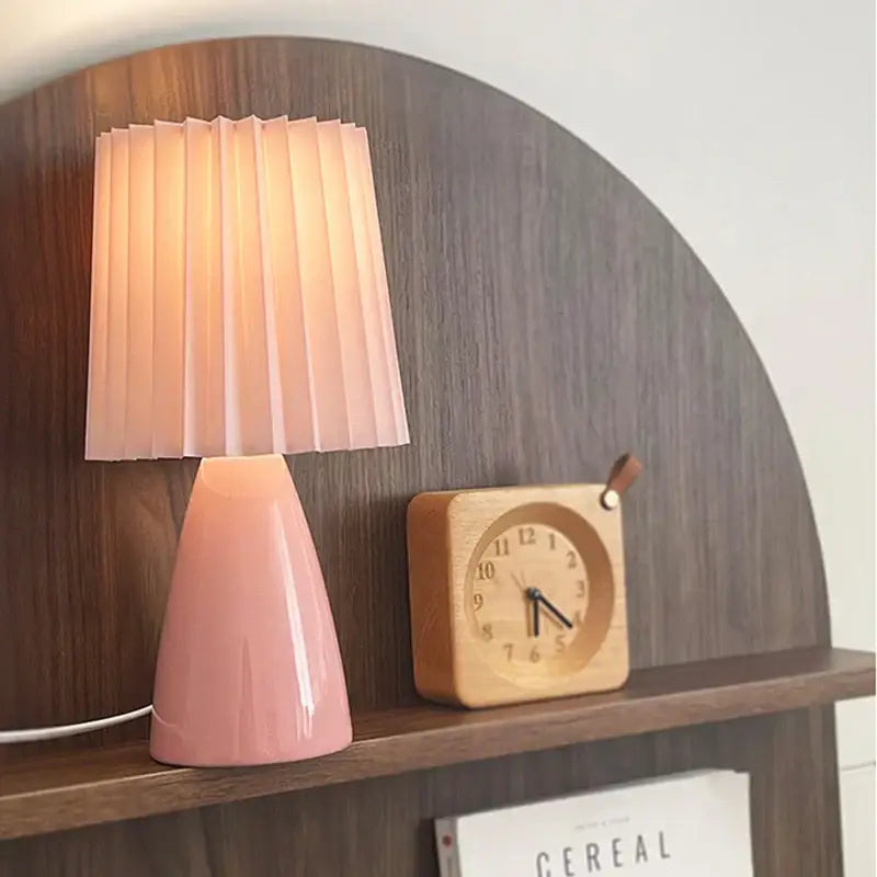 Soft pink ceramic milkshake bedside lamp with pleated translucent shade from decorbites ceramic milkshake collection