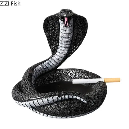 Black cobra ashtray resin craft with textured scales and pink tongue holding cigarette for office decor by decorbites