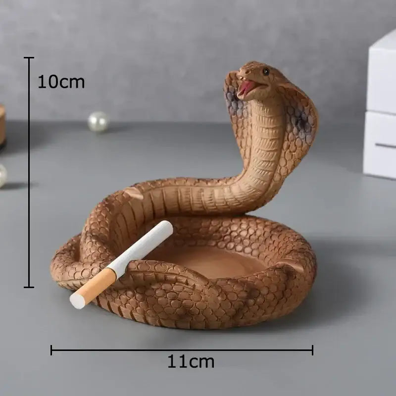 Brown resin cobra ashtray with detailed scales and open mouth holding cigarette for decorbites cobra ashtray office decor