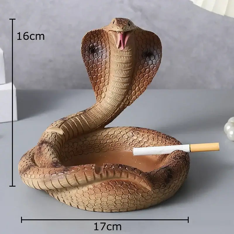 Detailed brown cobra ashtray resin with textured scales and open mouth holding cigarette for office decor by decorbites cobra ashtray