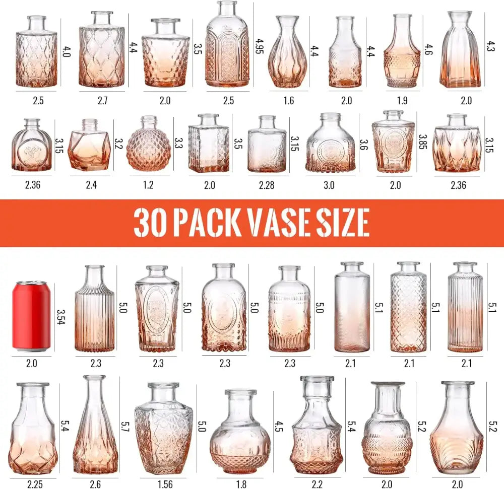 Set of 30 orange glass bud vases with rose-tinted textured designs perfect for wedding centerpieces