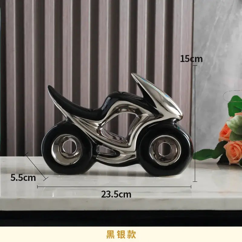 Black and silver ceramic motorcycle light decoration with sleek modern design for living room use