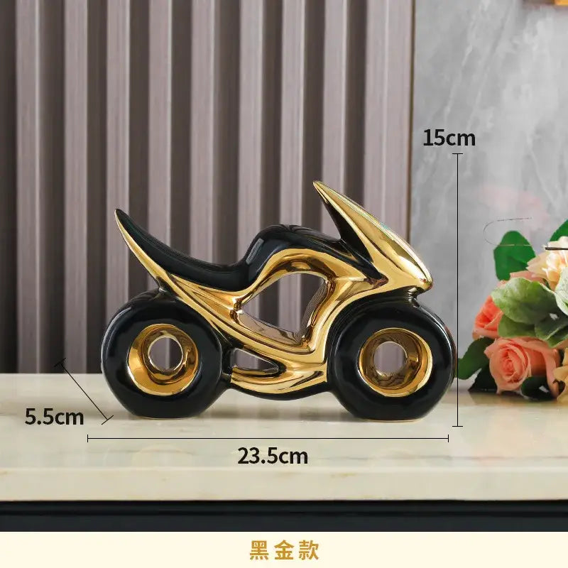 Black and gold ceramic motorcycle figurine as a motorcycle light decoration for living room use