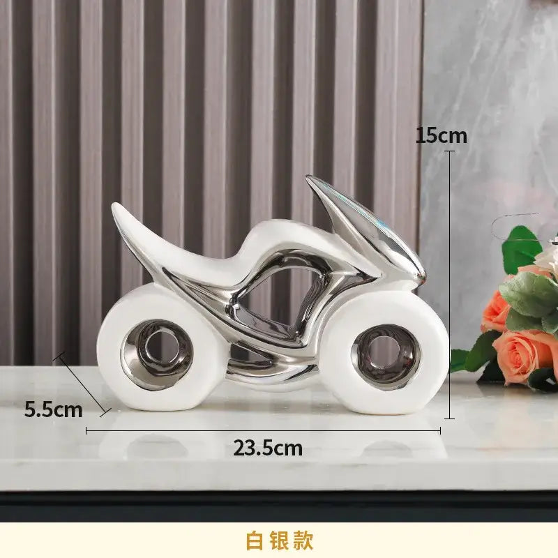 A sleek white and silver ceramic motorcycle light decoration with chrome accents and a glossy finish for living room use
