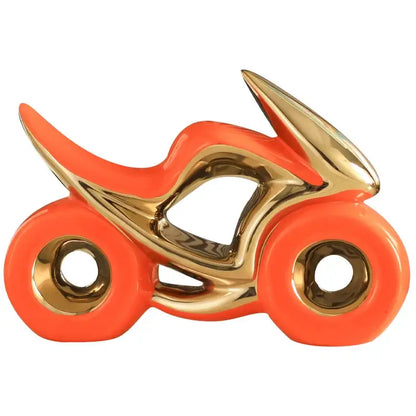 Vibrant orange and gold ceramic motorcycle light decoration with glossy finish for living room display
